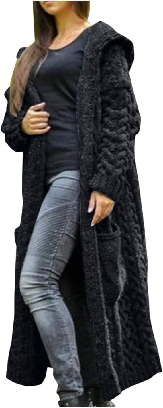 Womens Sweaters 2024 Fall Winter Trendy Long Cardigans Cable Knitted Open Front Oversized Hooded Outerwear Coat