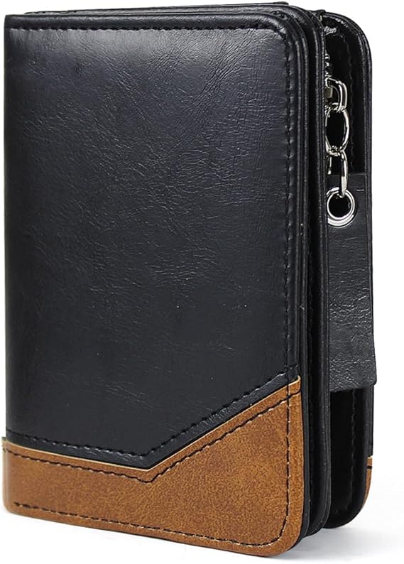 Mens Wallet, Minimalist Bifold Leather Wallet Fashion Multi Card Holder Wallet with Zipper Coin Pocket ID Window (Black)