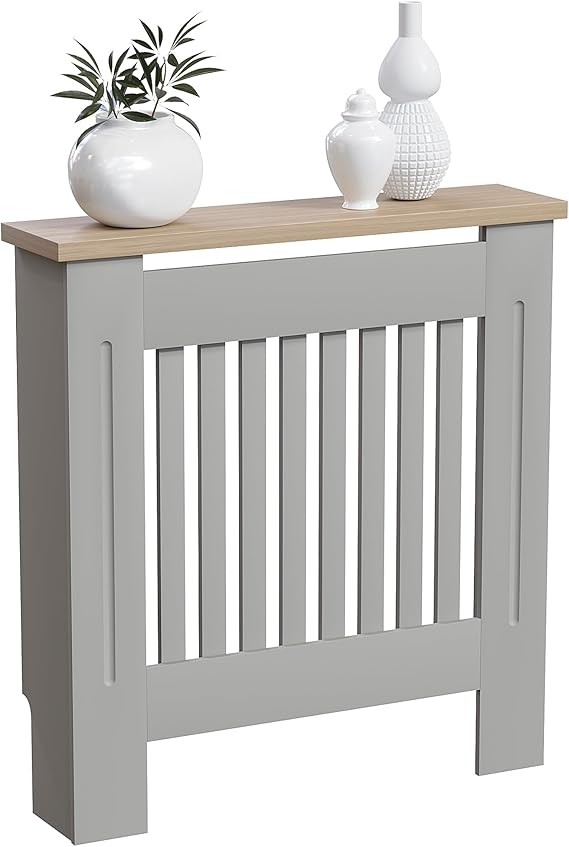 Vida Designs Arlington Radiator Cover Olive Grey - Small - Modern Shaker Style Vertical Slat Design For Optimal Heat Circulation - H83.3xW78xD19cm - Painted MDF Cabinet with Wood Top Shelf