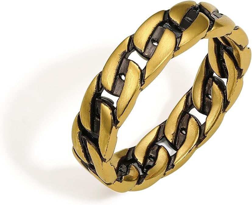 ZHOU LIU FU 24K Solid Gold Rings Vintage Chain Link Rings Stackable Bands Simple Dainty Statement Black Gold Rings Real Genuine Gold Jewelry for Men Women Ring Size 10-24 A019774