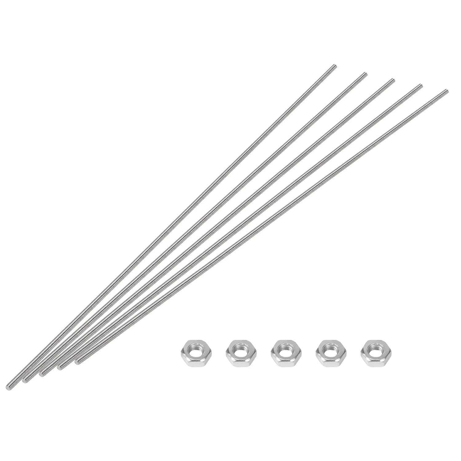 M3 x 300mm Fully Threaded Rod & Studs, 304 Stainless Steel Right Hand Threads Rods, M3-0.5 Thread Pitch for Anchor Bolts, Clamps, Hangers and U-Bolts 5 Pack【with Nuts
