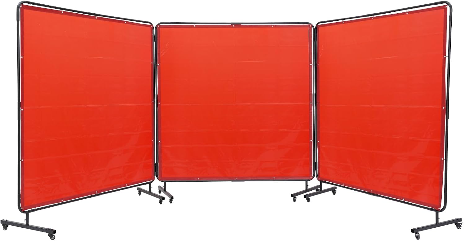 VEVOR Welding Screen with Frame, 6' x 6' 3 Panel Welding Curtain Screens, Flame-Resistant Vinyl Welding Protection Screen on 12 Swivel Wheels 6 Lockable, Moveable & Professional for Workshop, Red