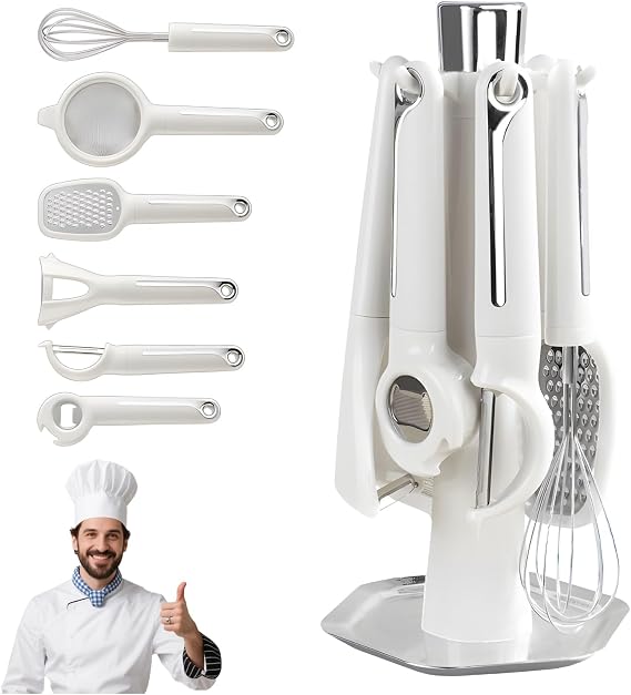 7-Piece Kitchen Gadget Set, Stainless Steel Cooking Utensils Set with Holder, 7-Pieces All Metal Kitchen Utensils, 11.4 Long Kitchen Tools with Countertop Rotating Stand (White)