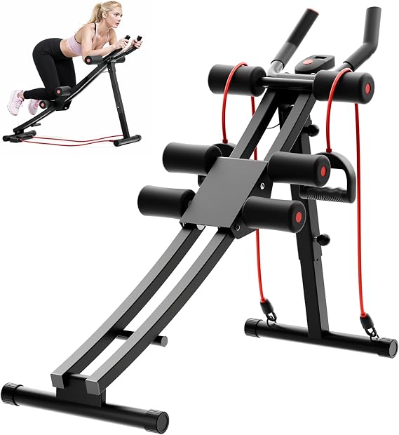 BAOKALER Dual Track Fitness Ab Machine Ab Cruncher, Adjustable Height Waist Trainer, Foldable Home Gym Equipment with 4 Adjustable Resistance Levels and Resistance Bands