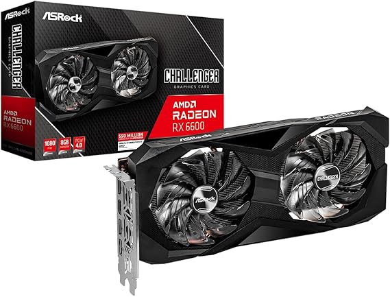 ASRock AMD Radeon RX 6600 Challenger D 8GB GDDR6 DisplayPort 14Gbps HDMI 0dB Silent Cooling 128-bit 7680 x 4320 Dual Fan Graphics Card PCI Express 4.0 x8 8-pin