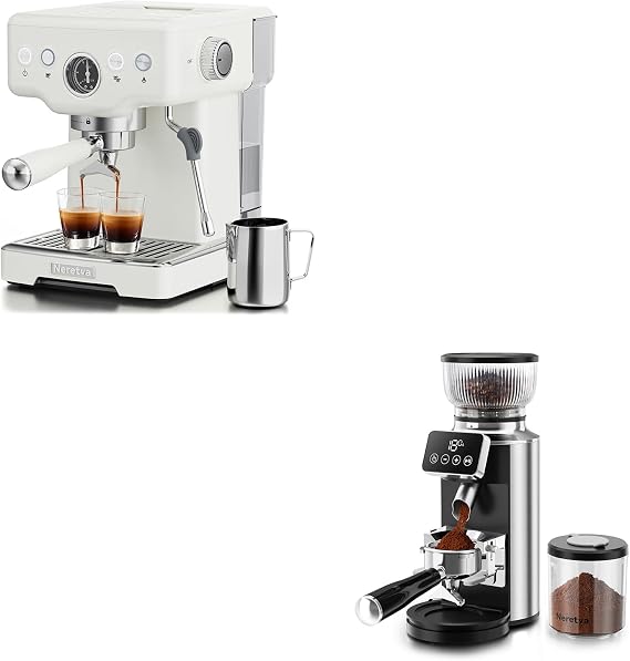Neretva Espresso Machine, 1450W Stainless Steel Coffee and Espresso Maker Combo with Milk Frother 15Bar Burr Coffee Grinder Electric, 2 in 1 Stainless Steel Coffee Grinder Burr with Portafil