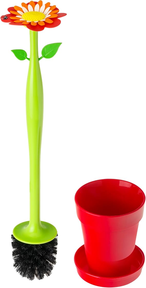 Vigar Flower Power Toilet Brush and Holder Set, House and Bathroom, Red | Toilet Bowl Cleaner, Daisy-Shaped Handle, Flowerpot Base and Saucer, for House and Bathroom