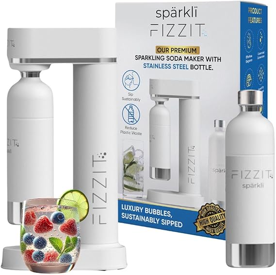 Fizzit Sparkli Carbonated Water Soda Maker with Stainless Steel Bottle Included,Dishwasher Safe