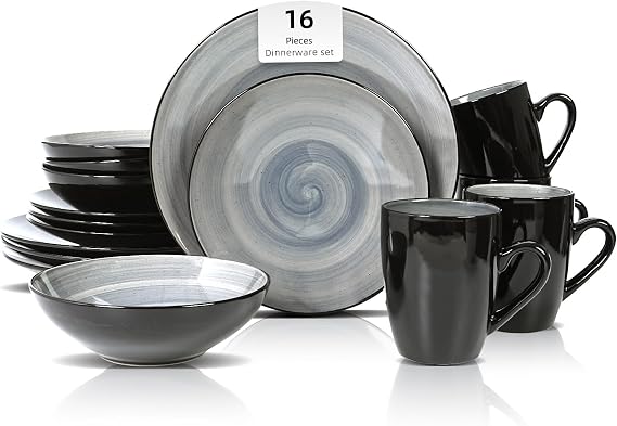 HomeVss, Sonoma Stoneware Dinnerware Set, Outside Black + Inside Hand Painting Color (16pc Set, Grey)