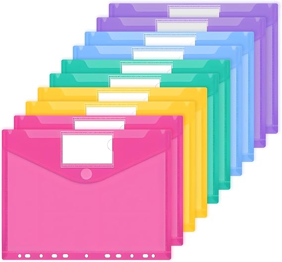 A4 Plastic Wallets, 10 Pcs, 11-Hole, 5 Colours
