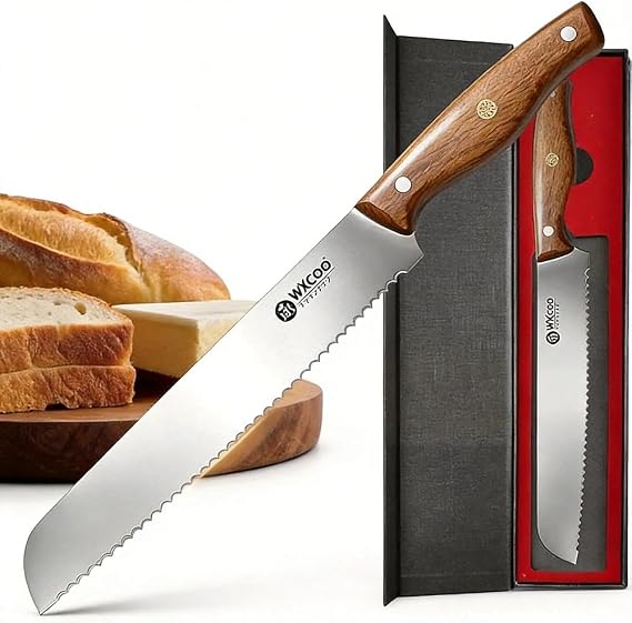 9 Inch Bread Knife with Gift Box Serrated Offset Handle Sourdough Bread Knife for Homemade Bread, Bagels, Cake & Artisan Loaves Stainless Steel Sharp Wavy Edge Kitchen Knife, Perfect Baking Gift