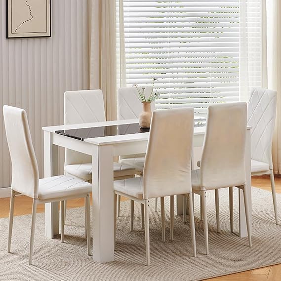 Rainbow Tree 120cm Large Dining Table Set of 6, Modern Dining Table with 6 White Velvet Dining Chairs for Dining Room, Kitchen Set for Family Wooden