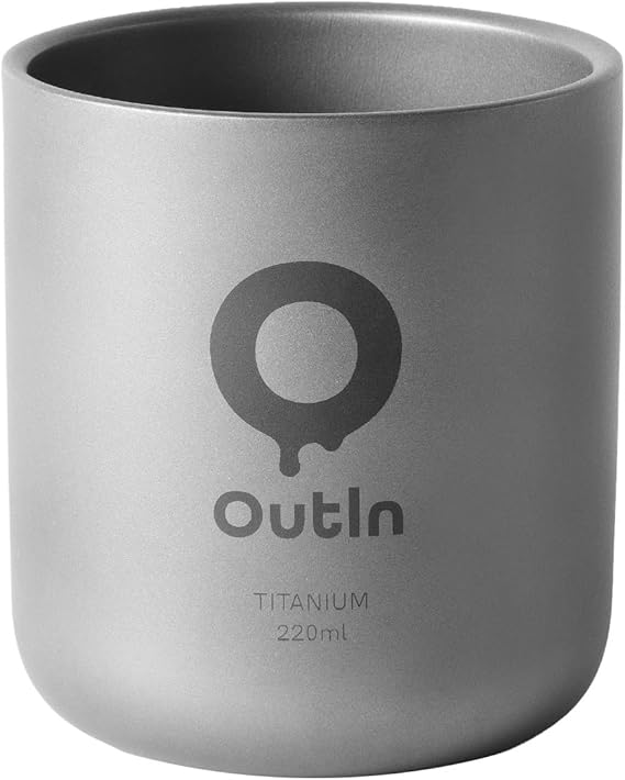 OutIn Ultralight Titanium Coffee Cup, Camping Mug for Backpacking & Hiking | Double-Wall Insulated Pure Titanium Cup, Flavor-Safe & Durable, Compatible with OutIn Nano Espresso Machine, (220ml, 85g)