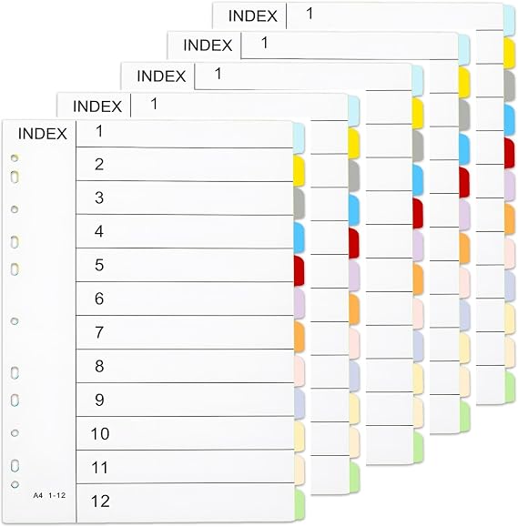 5 Pack A4 Folder Dividers 1-12 Numbered,11 Hole Index Dividers Ring Binder