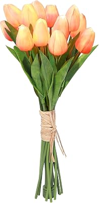 Minidiva 12 pcs Tulips Artificial Flowers with LED Light, Real Touch Fake Bouquet for Home Decor, Table Lamp, Night Lamp, Gift for Valentines Day, Mothers Day, Christmas, Battery Powered