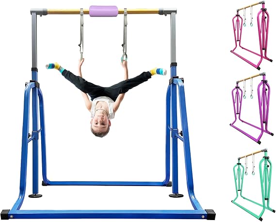Foldable & Moveable Gymnastics Horizontal Bar with Rings,3to 5Adjustable Height Expandable Junior Kip Bar for Home,Indoor Gym Equipment for Kids