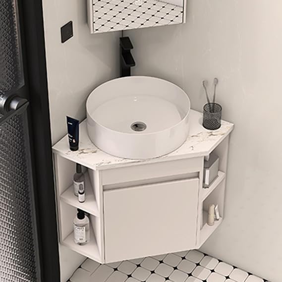 Bathroom Vanity Cabinet,Bathroom Sink and Cabinet Combo Set with Round Ceramic Vessel Sink and Side Storage,Wall Hung Floating Porcelain Ceramic Wash Basin for Small Spa, Off-white-48CM