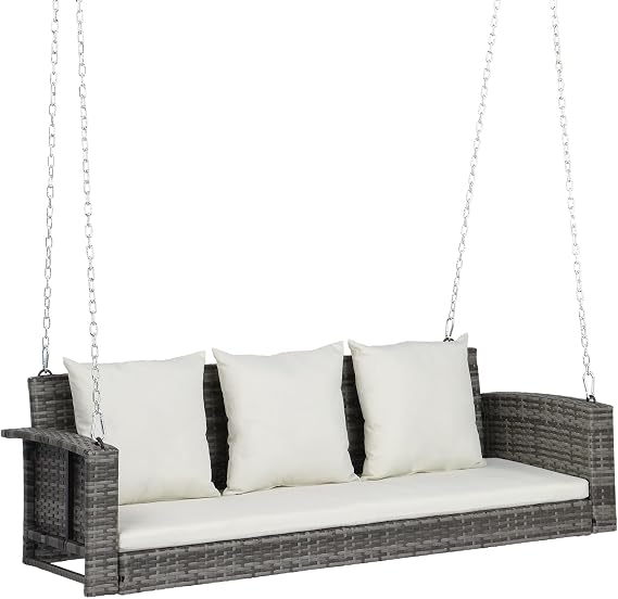 VINGLI Heavy Duty 800 LBS Wicker Hanging Porch Swing with Cushions & Chains, 5FT Outdoor Rattan Swing Bench for Garden, Yard, Lawn (Grey)