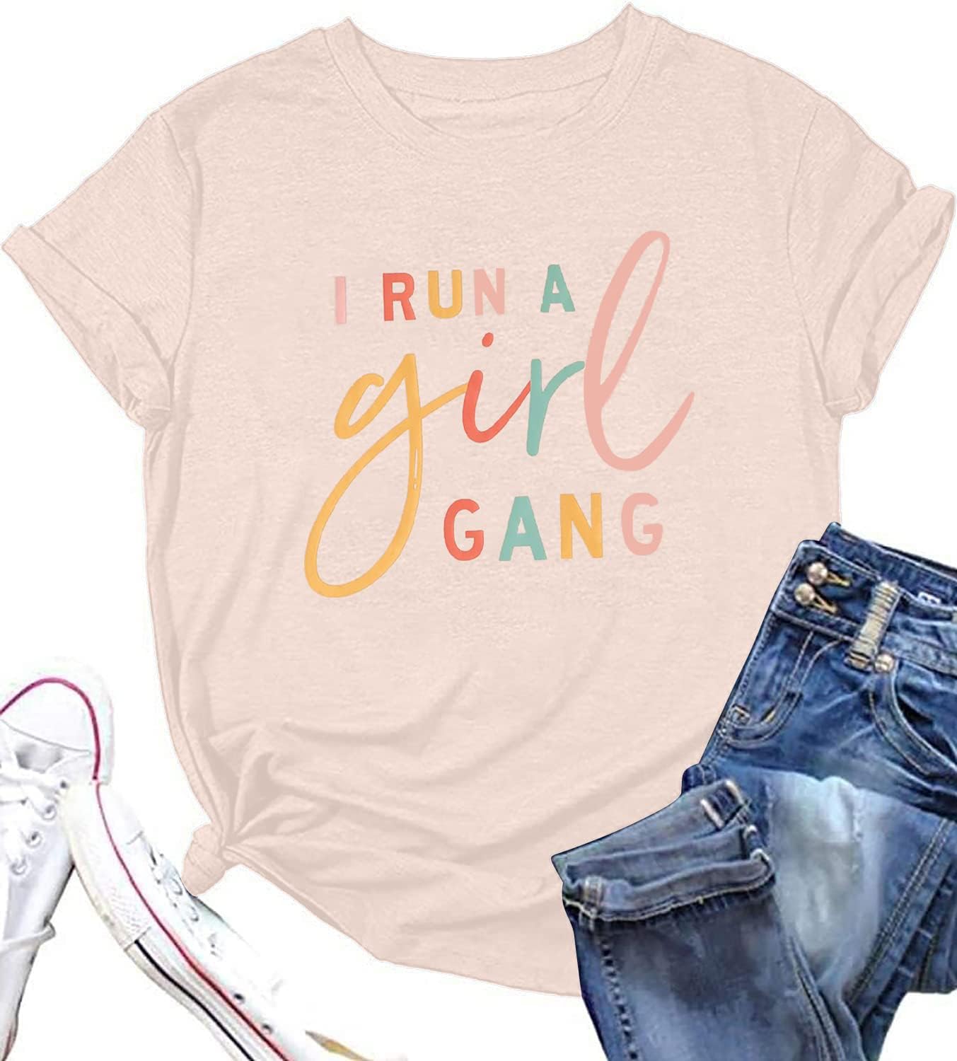 MOUSYA Womens I Run A Girl Gang T-Shirt Girl Mom Shirt Short Sleeve Letter Printed Round Neck Summer Casual Tee Tops