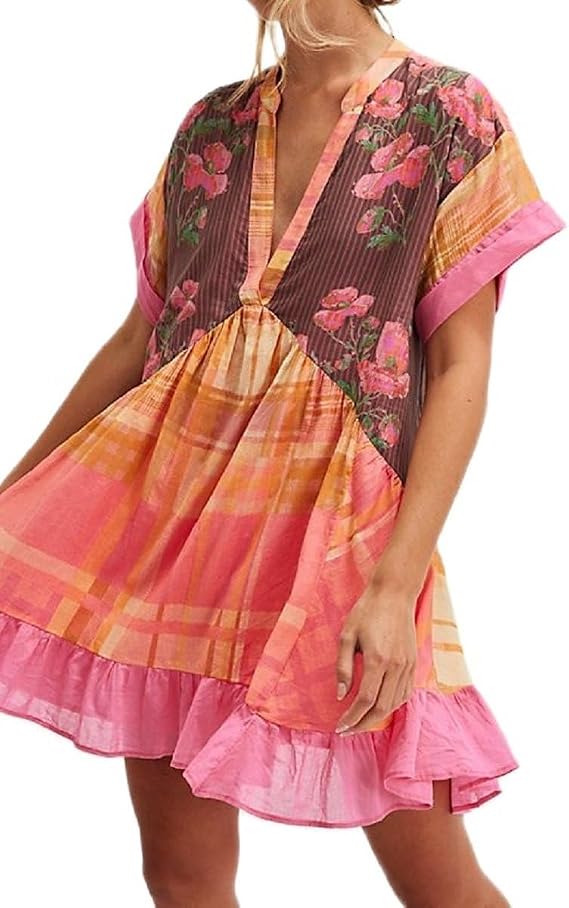 Women Bohemian Floral Mini Dress Y2K Babydoll V Neck Short Dress Loose Fit Patchwork Dress Beach