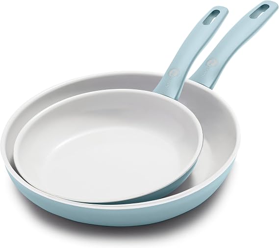 GreenPan Dover 8 and 10 2 Piece Frying Pan Skillet Set, Non-Toxic PFAS-Free Ceramic Nonstick Coating, Sear Saute Fry Egg Omlete, Dishwasher & Oven Safe, Stay Cool Handle, Easy Pour Rims, Blue Haze