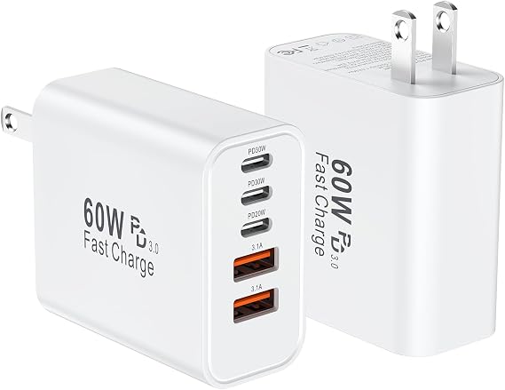 USB C Charger Block, Multiple Ports Type C Fast Phone Charging Blocks, 60W 5-Ports Power Cube USB Wall Plug USB A+USBC Charger Brick Box for iPhone 17/16/15/14/13/12 Pro Max, iPad, Galaxy, Pixel,2Pack