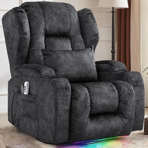 Power Lift Recliner Chair with Heat and Massage, Electric Fabric Ergonomic Leisure Chair Classic Single Sofa with LED Lights, Cup Holder, USB Ports, Lumbar Pillow