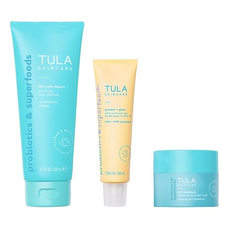TULA Skin Care Everyday Glow - Essentials Set, includes Cult Classic 6.7 oz, Protect + Glow SPF 30 3.38 oz, 24/7 Moisture Hydrating Day & Night Cream 1.5 oz, 3-Piece Kit