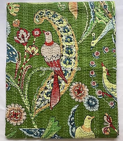 Handblock Animal Print Handmade Cotton Kantha Quilting Boho Throw Blanket Hippie Queen/King Size Bohemian Block Kantha Quilt (Green, Twin 60"x90")