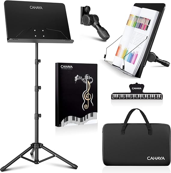 CAHAYA 5 in 1 Heightened Dual-use Sheet Music Stand Desktop Book Stand | Portable Metal Solid Back with Height Adjustable from 31-67in Including Carrying Bag Sheet Music Folder Clip for Home School