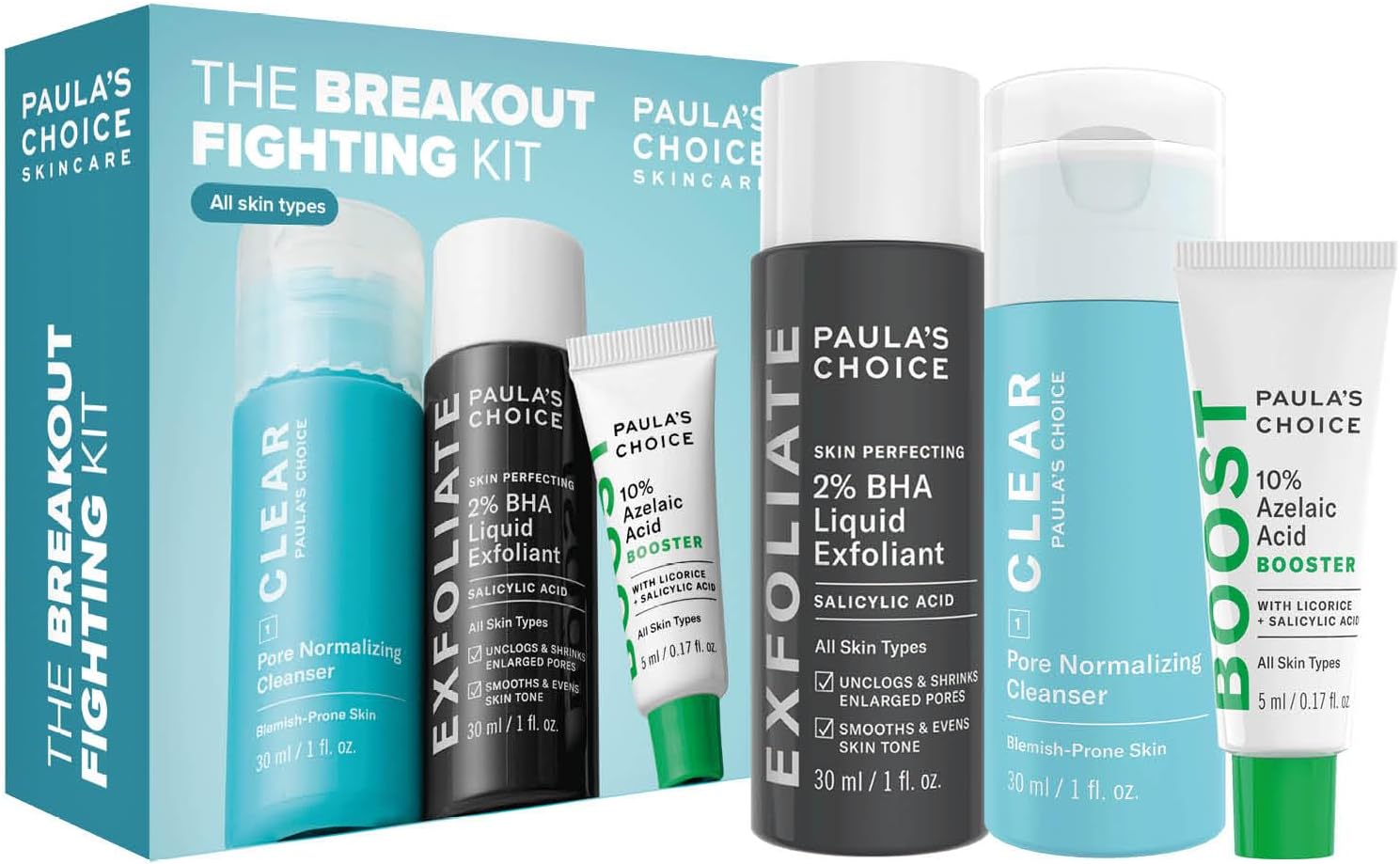Paula's Choice Breakout Fighting Bestsellers - Facial Cleansing, Exfoliating & Treatment - Reduce Blemishes, Enlarged Pores & Blackheads - with Salicylic & Azelaic Acid - All Skin Types - Travel Size