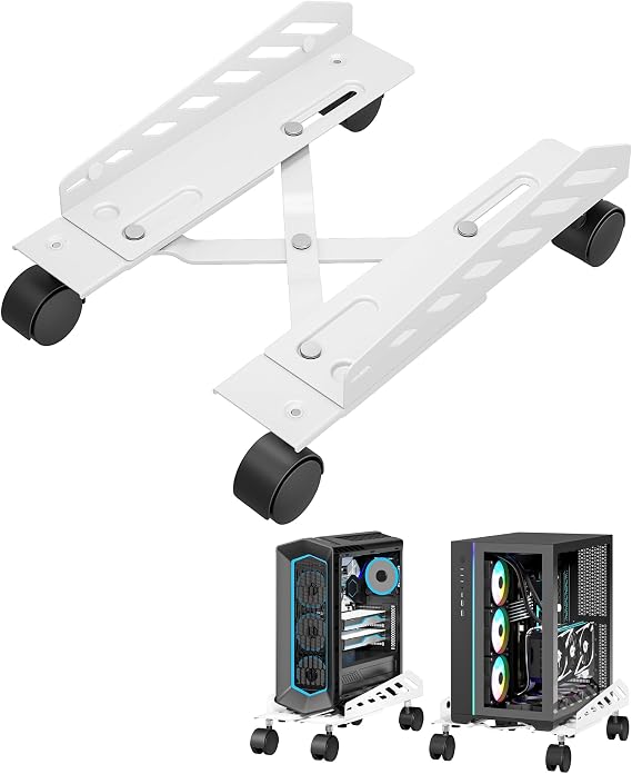 Adjustable PC Stand for Floor Ventilated CPU Cart,White | 400-510mm D, 160-300mm W, 4 Caster Wheels, Under Desk PC Tower Stand Holder, For Office, Gamers