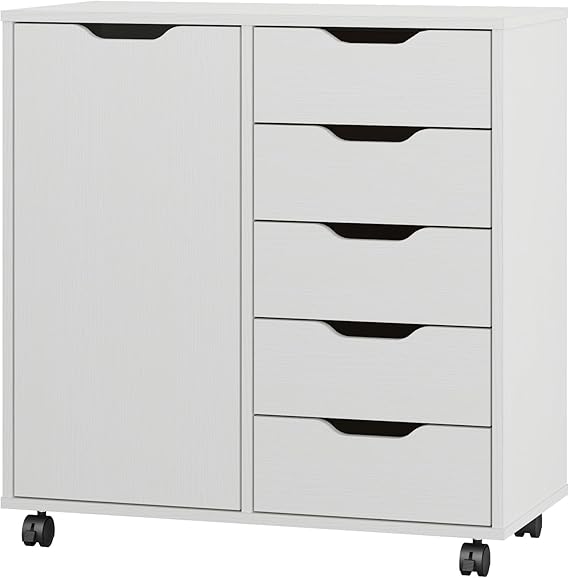 Panana 5-Drawer Chest with 1 Door, Wooden Chest of Drawers Storage Dresser Cabinet with Wheels, Office Organization and Storage, Bedroom Furniture (White-S)