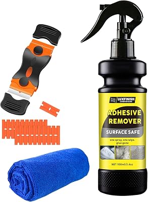 Adhesive Remover Spray with Scraper & Towel - Remove Stickers, Labels, Tape Residue from Car Paint, Glass, Tile - Safe Multi-Surface Formula - 100ml3.4oz