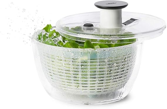 OXO Salad Spinner, Vegetable Colander, Small, Round, Serves 2 to 3 People, Living Alone, 8.1 x 8.1 x 4.7 inches 20.5 x 20.5 x 12 cm, Dishwasher and Dryer Safe Low Temperature Setting