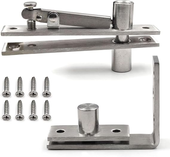 Heavy Duty Stainless Steel Wood Door Pivot Hinges, 180 Degree Rotation Adjustable Swing Mount, L-Shape