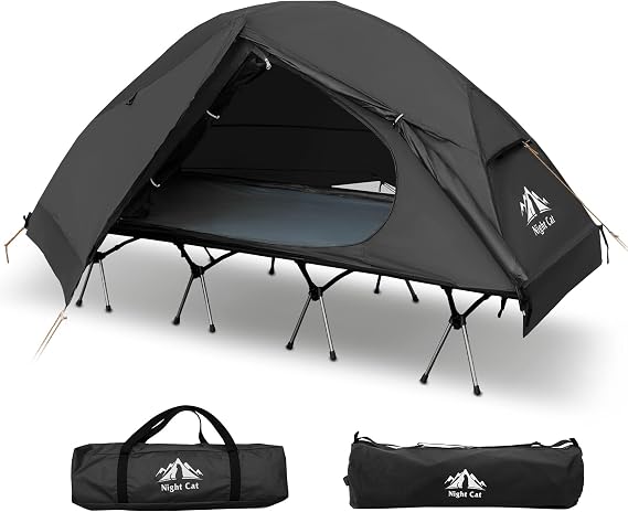 Night Cat Camping Cot Tent - Waterproof 1-Person Off-Ground Combo Cot Bed for Adults Portable Easy Set-up Tent Black 27.5'' Width