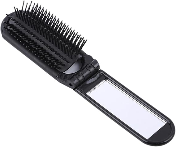 Folding Hair Comb Portable Mini Hair Brush Mirror Compact Pocket Travel Hair Brush for Car Purse Gym Trip Swimming,Black