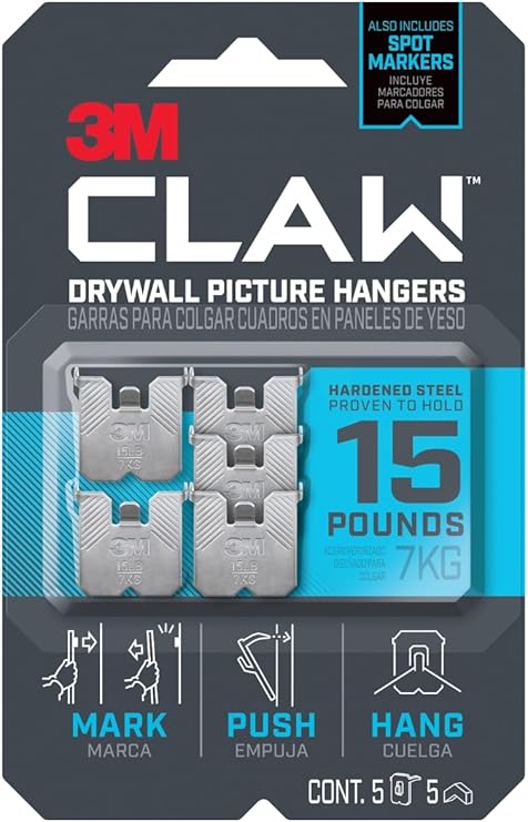 3M Claw 15 lb. Drywall Picture Hanger with Spot Markers, Heavyweight Hanging Solution for Room Decor and Office Decor, Including Mirrors or Large Art 5 Pack