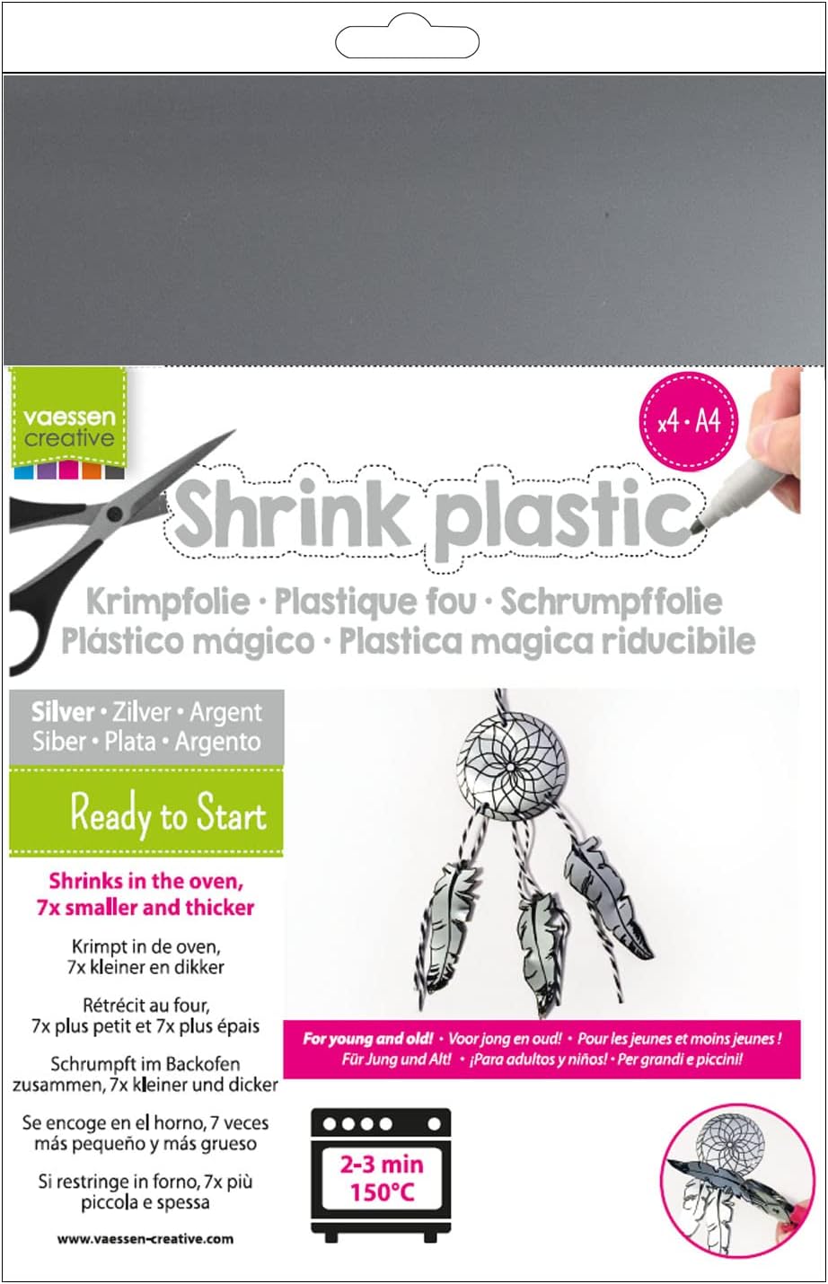 Vaessen Creative Shrink Plastic, Silver, 4 Sheets, 21 x 30 cm, Fun Arts and Crafts Projects for All Ages,AR3-109