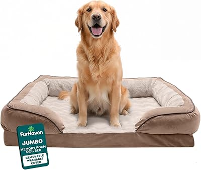 Furhaven Orthopedic Dog Bed for Large Dogs w Removable Bolsters & Washable Cover, For Dogs Up to 95 lbs - Plush & Velvet Waves Perfect Comfort Sofa - Brownstone, JumboXL