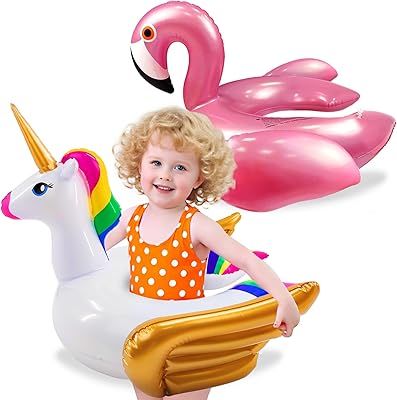 2 Pack Pool Floats for Kids Toddlers Unicorn Flamingo Swim Floats Tubes, Inflatable Swimming Split Ring Ride On for Age 3-8 Years Girls Boys Summer Beach Swimming Pool Party Essentials Water Toys