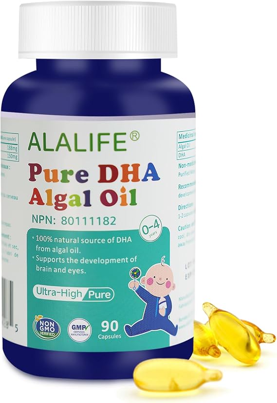 Pure DHA Algal Oils Kids - 90 Capsules - 80% High Purity Algal DHA Supplements - DHA Algal Oil Omega 3 Supplements for Kids - Beneficial to Baby's Brain and Optic Nerve Development - Non GMO