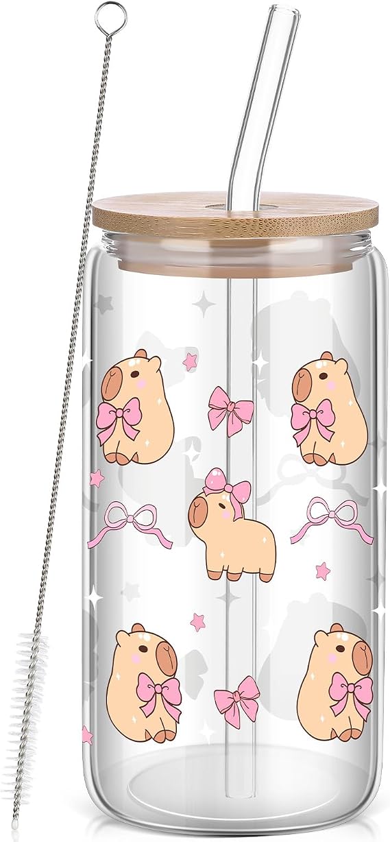 Capybara Glass Cup with Lid and Straw 16oz Coquette Bow Cup Iced Coffee Mug Cute Capybara Gifts for Women Girls Friend Sister Girlfriend
