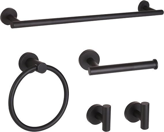 Matte Black Bathroom Hardware Set, Modern 24-Inch Towel Bar Set Wall Mounted, Towel Rack Set Black,Stainless Steel Bathroom Accessories Set Black,5-Pieces