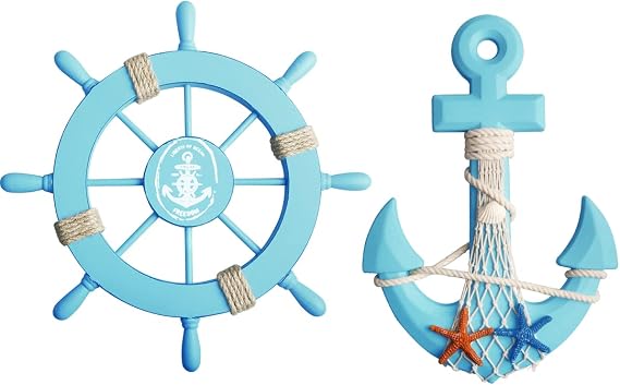 Meching 2 Pack 11" Nautical Wooden Ship Wheel and 13" Wood Anchor with Rope Nautical Boat Steering Wheel Rudder Anchor Wall Decor Door Hanging Ornament Beach Theme Home Wall Decoration(Light Blue)