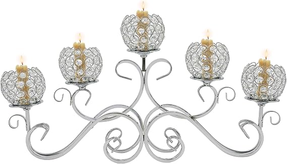 5-Arm Candle Holders Candelabra Centerpieces, 13.39Inch Tall Desktop Sliver Crystal Candelabra Candle Stand, Elegant Candle Holders Candlestick for Weddings, Parties, Celebrations