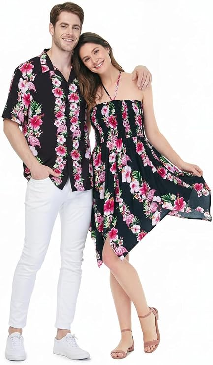 Matchable Couple Hawaiian Luau Shirt or Fairy Dress in Pink Black Hibiscus Vine