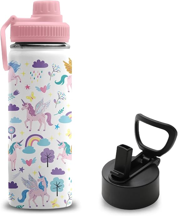 Unicorn Gifts for Girls, 18 oz Water Bottle with 2 Lids | Stainless Steel Insulated Water Bottle with Straw, Cute Cup for School Sports Outdoor, Birthday Gifts for Unicorn Lovers