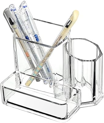 Sooyee Acrylic Desk Supplies Organizer Holder, 3 Compartments Office Desktop Caddy, Multi-function Pen Pencil Cup Phone Remote Control Stationery Storage Box for Home, School, Classroom, Clear